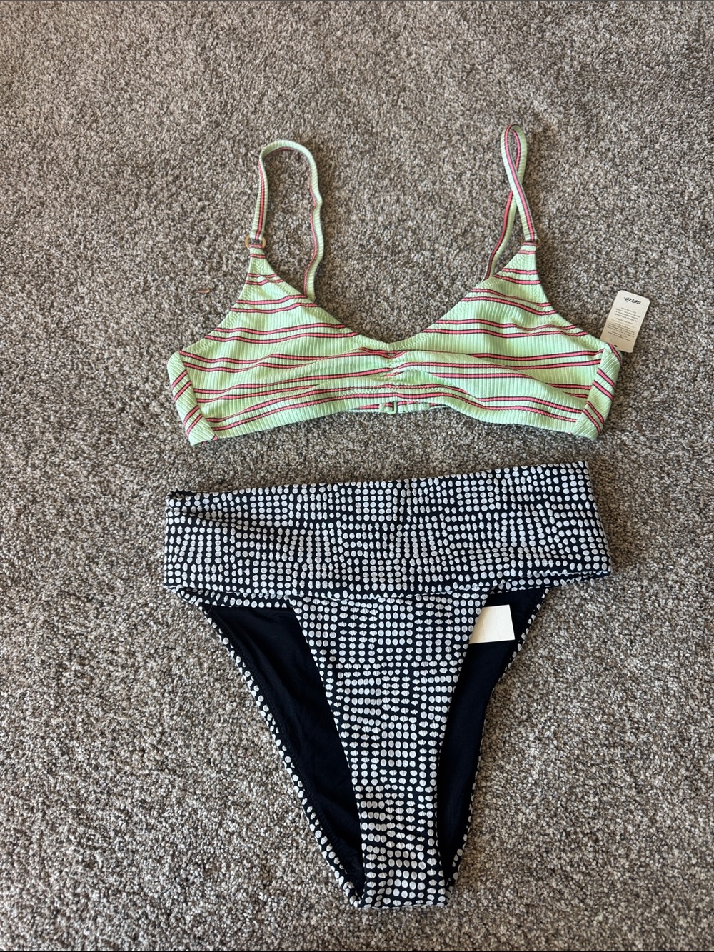 aerie Green Striped Ribbed Bikini Top with Black & White Dot High-Waist Bottoms